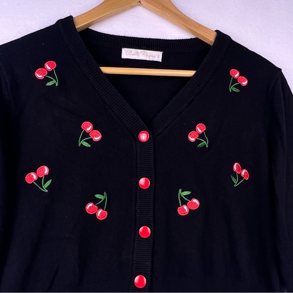 Belle Pogue Retro Embroidered Cherry Cropped V-Neck Cardigan Women's XL BLACK - Picture 3 of 16